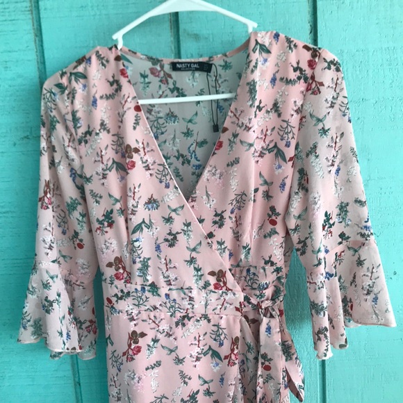 Pink Floral Asymmetrical Wrap Dress - Picture 2 of 8